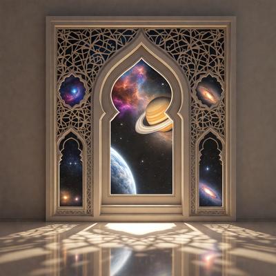 The primary subject of the image is a window with a stained glass design featuring a space scene. The setting is a room with a white wall, and the visual style is a combination of photo and digital art. The colors and mood of the image are predominantly white and blue, creating a serene and peaceful atmosphere.